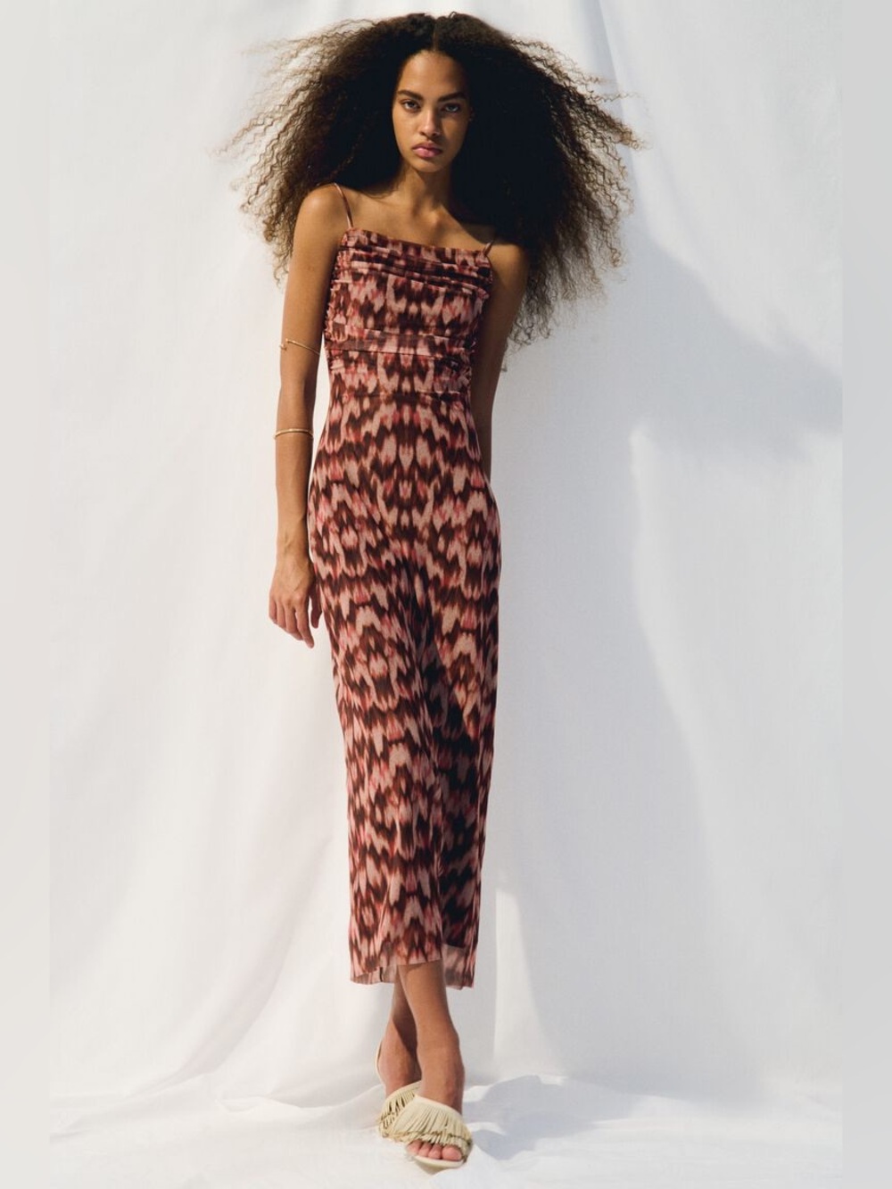 H&M Draped Mesh Strappy Dress, Brown/Pink/Beige, Size M, NWT
